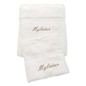 Ensemble drap et serviette de bain en éponge blanche personnalisé, vendu par bubulle et savon